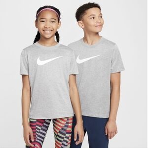 The Nike Tee Dri-Fit Boys Light Gray T-Shirt with White Swoosh Logo Sz L